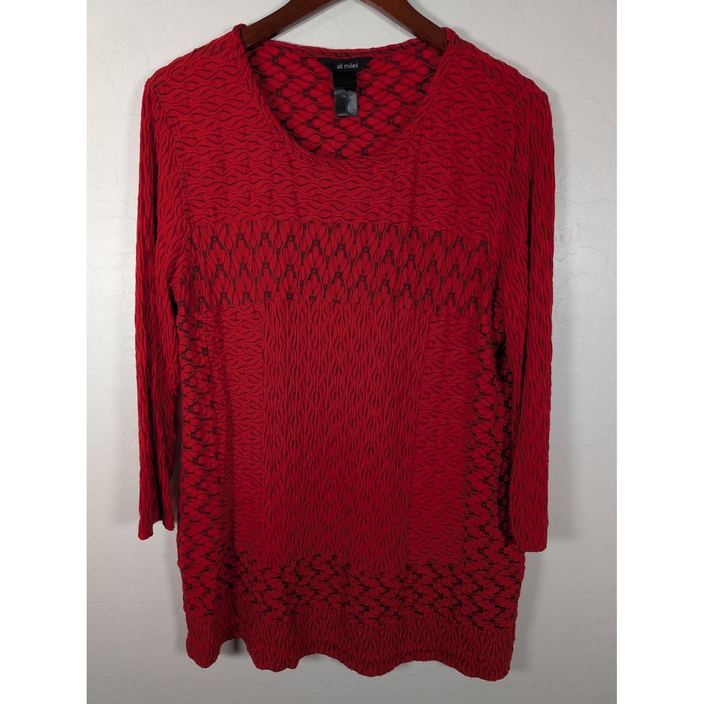 Ali Miles Shirt Womens Large Red Textured Geometric‎ Knit Tunic Top 3/4 Sleeve